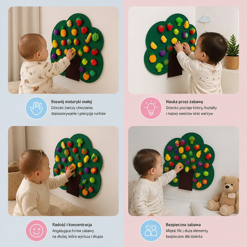 Filcowa Tablica Aktywności „Drzewo Owocowe” – Edukacyjna Zabawka Montessori