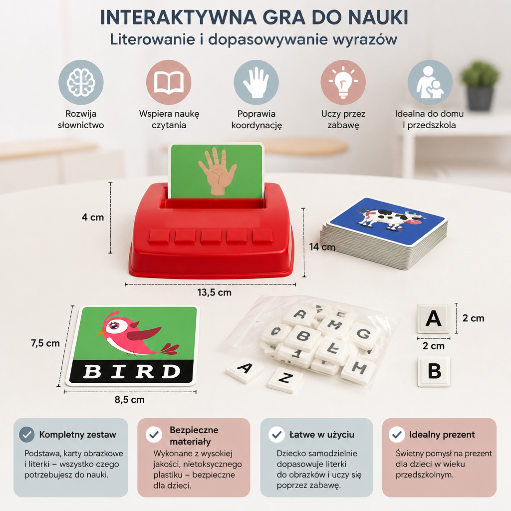 Interaktywna Gra w Literowanie i Dopasowywanie Wyrazów – Edukacyjna Zabawka do Nauki Czytania i Pisania dla Przedszkolaków z Kartami Obrazkowymi i Literowymi Klockami