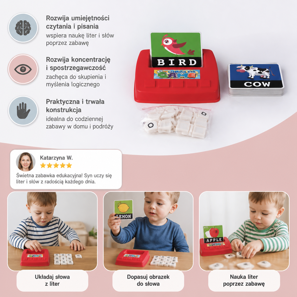 Interaktywna Gra w Literowanie i Dopasowywanie Wyrazów – Edukacyjna Zabawka do Nauki Czytania i Pisania dla Przedszkolaków z Kartami Obrazkowymi i Literowymi Klockami