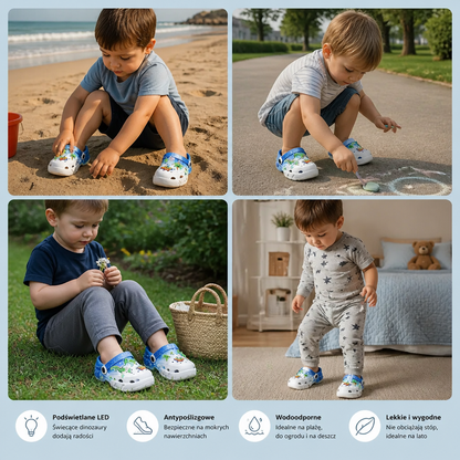 Świecące Chodaki Dinozaur dla Dzieci – Antypoślizgowe Buty Letnie i Plażowe z Diodami LED