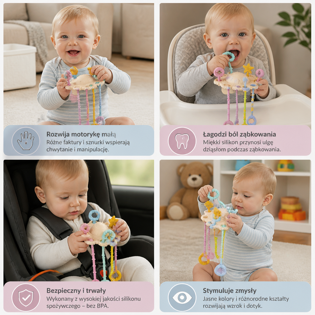 Montessori Sensoryczna Zabawka do Ciągnięcia i Odkrywania – Silikonowa Zabawka z Linkami Wspierająca Rozwój Dotyku i Łagodząca Ząbkowanie