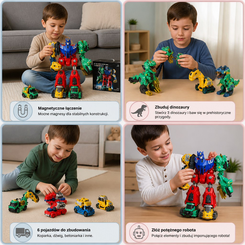 6-w-1 Magnetyczna Zabawka Transformująca – Zbuduj 6 Pojazdów, 3 Dinozaury i 1 Robota