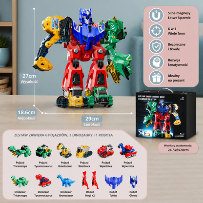 6-w-1 Magnetyczna Zabawka Transformująca – Zbuduj 6 Pojazdów, 3 Dinozaury i 1 Robota