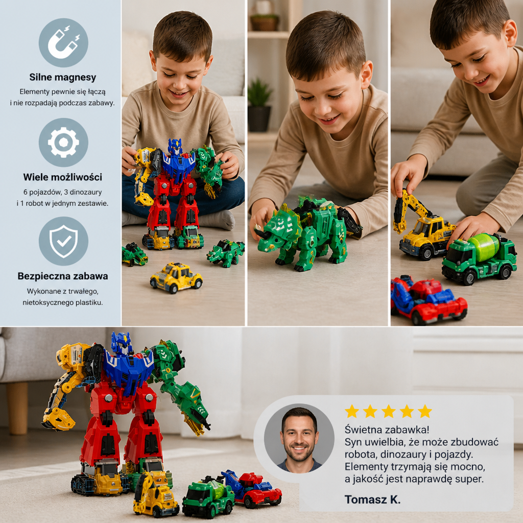 6-w-1 Magnetyczna Zabawka Transformująca – Zbuduj 6 Pojazdów, 3 Dinozaury i 1 Robota