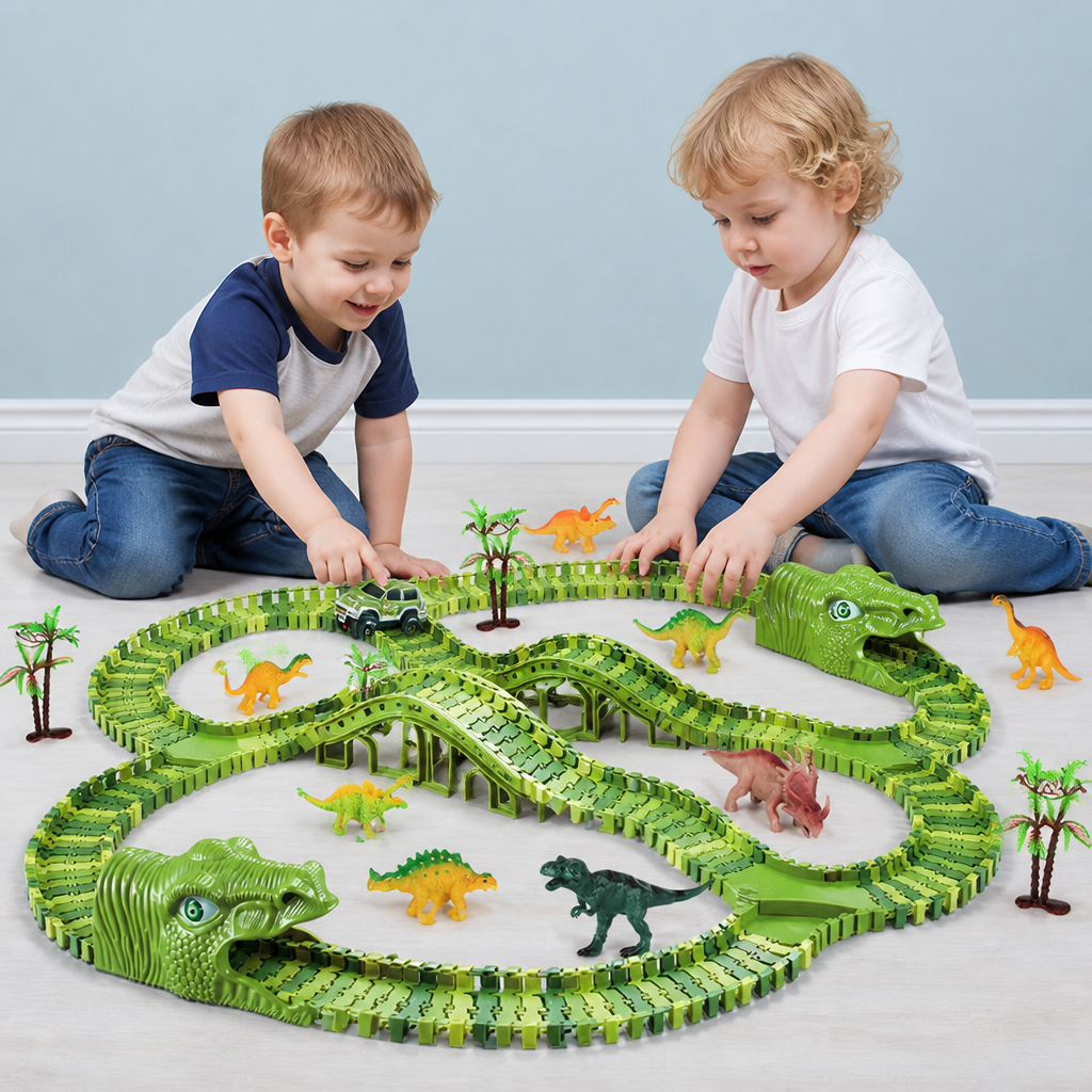 215-elementowy zestaw toru wyścigowego z dinozaurami, samochodami z napędem, mostem i figurkami dinozaurów