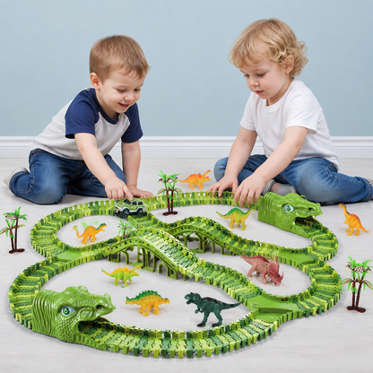 215-elementowy zestaw toru wyścigowego z dinozaurami, samochodami z napędem, mostem i figurkami dinozaurów