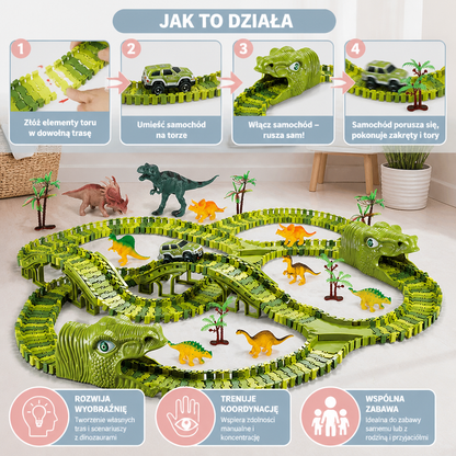 215-elementowy zestaw toru wyścigowego z dinozaurami, samochodami z napędem, mostem i figurkami dinozaurów