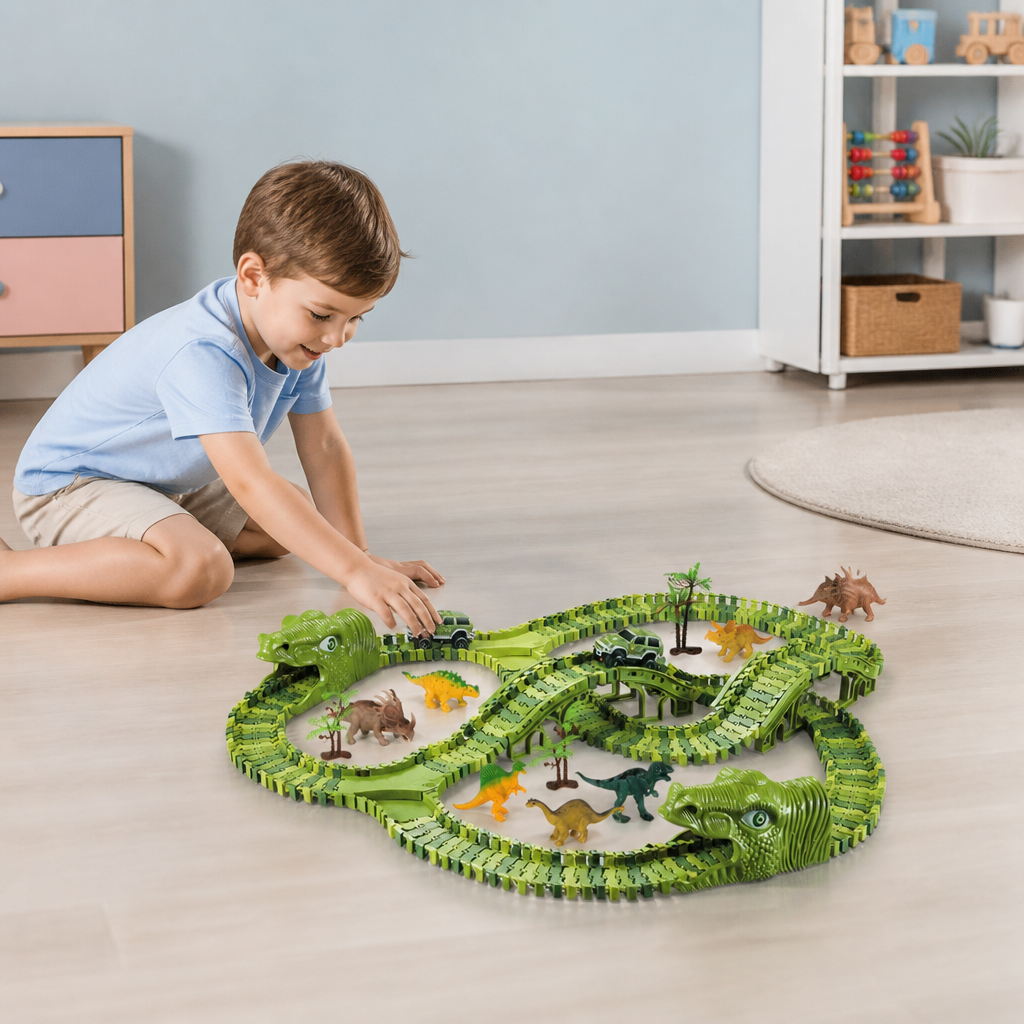 215-elementowy zestaw toru wyścigowego z dinozaurami, samochodami z napędem, mostem i figurkami dinozaurów