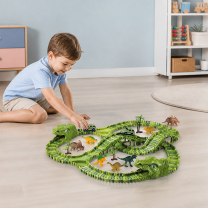 215-elementowy zestaw toru wyścigowego z dinozaurami, samochodami z napędem, mostem i figurkami dinozaurów