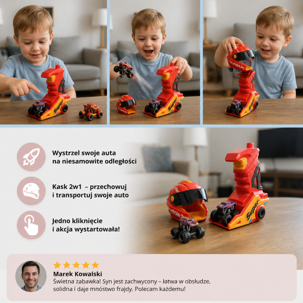 Jednoklikowa wyrzutnia monster trucków z kaskiem i uchwytem