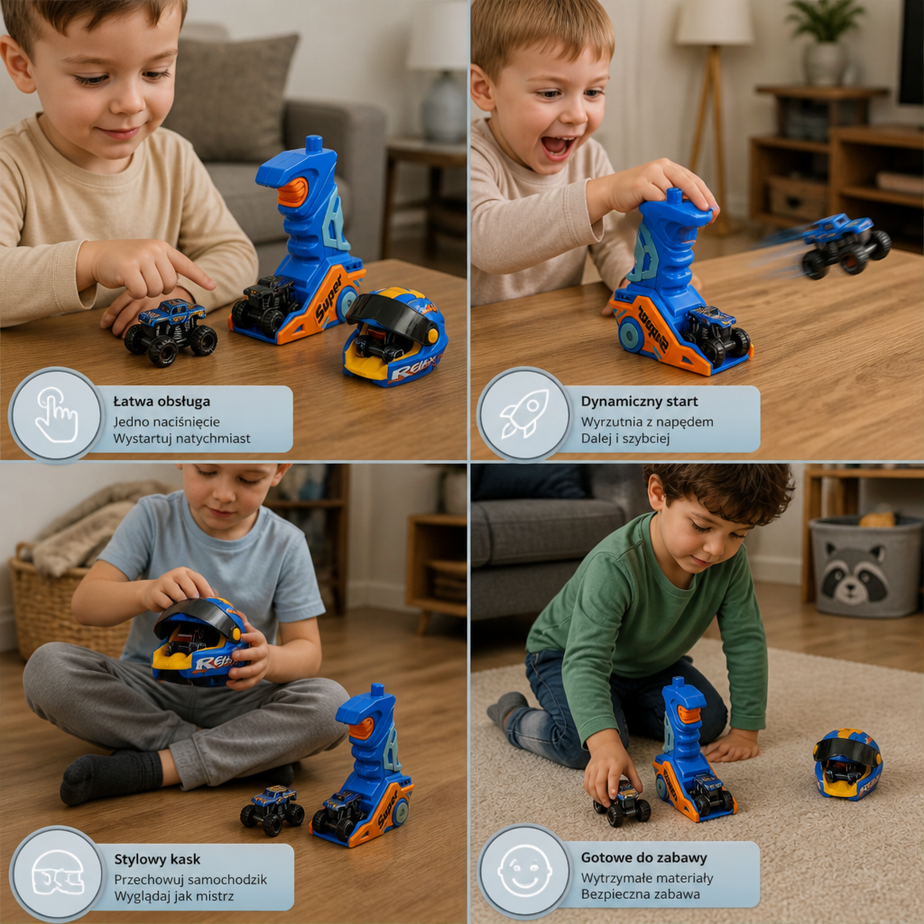 Jednoklikowa wyrzutnia monster trucków z kaskiem i uchwytem