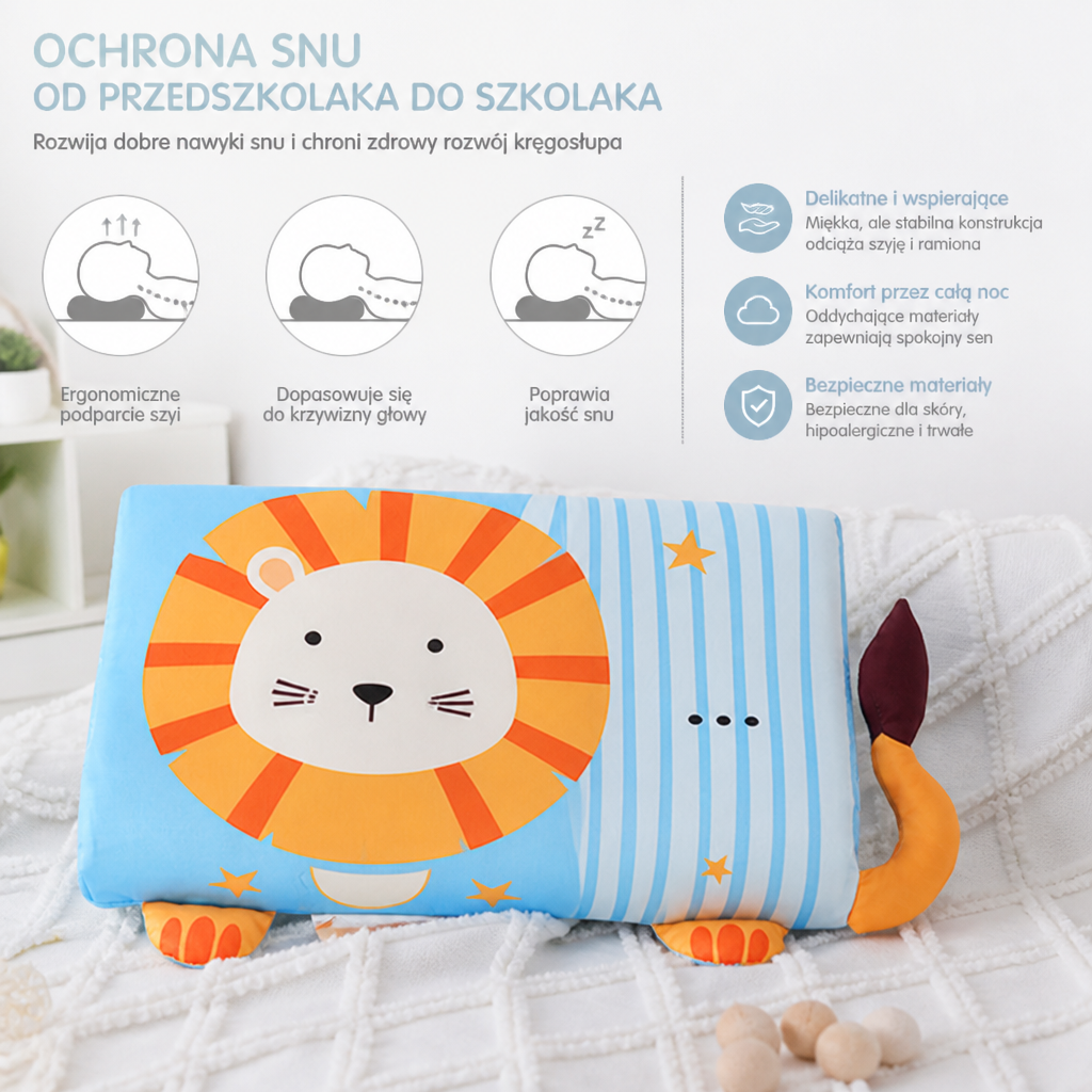 Uspokajająca ergonomiczna poduszka dla dzieci z poszewką w zwierzęcy wzór