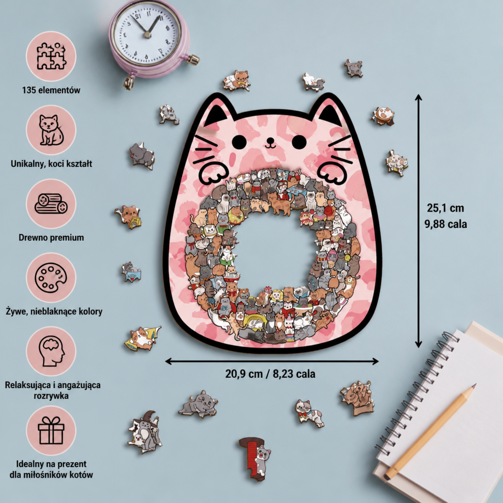 Drewniane puzzle z 135 elementami w kształcie kotów