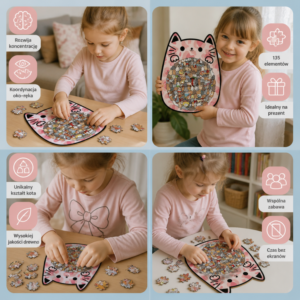Drewniane puzzle z 135 elementami w kształcie kotów