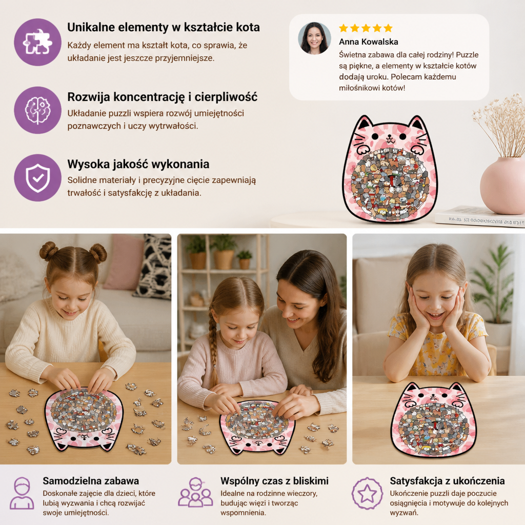 Drewniane puzzle z 135 elementami w kształcie kotów