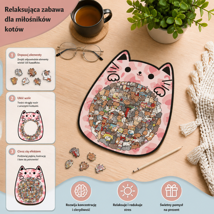 Drewniane puzzle z 135 elementami w kształcie kotów