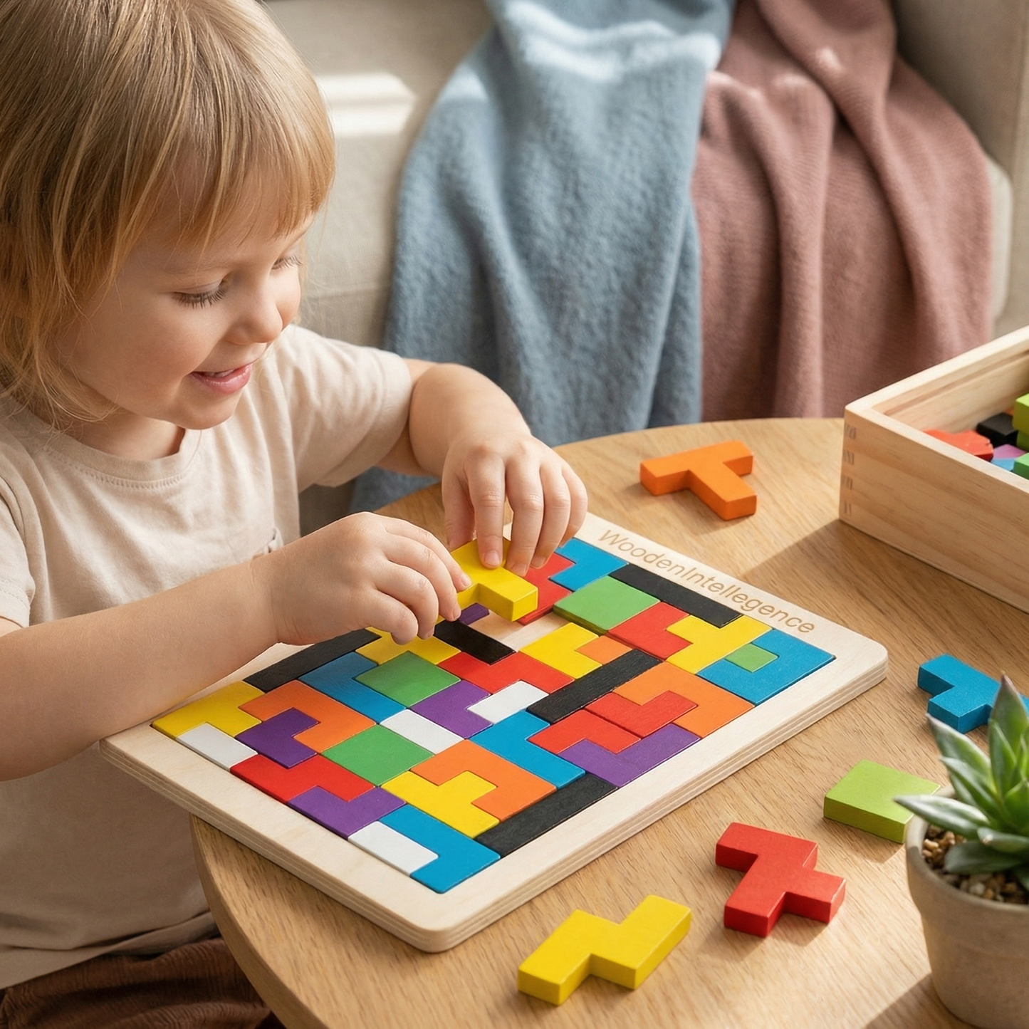 Drewniany Tangram edukacyjny – Kolorowa gra Montessori dla dzieci