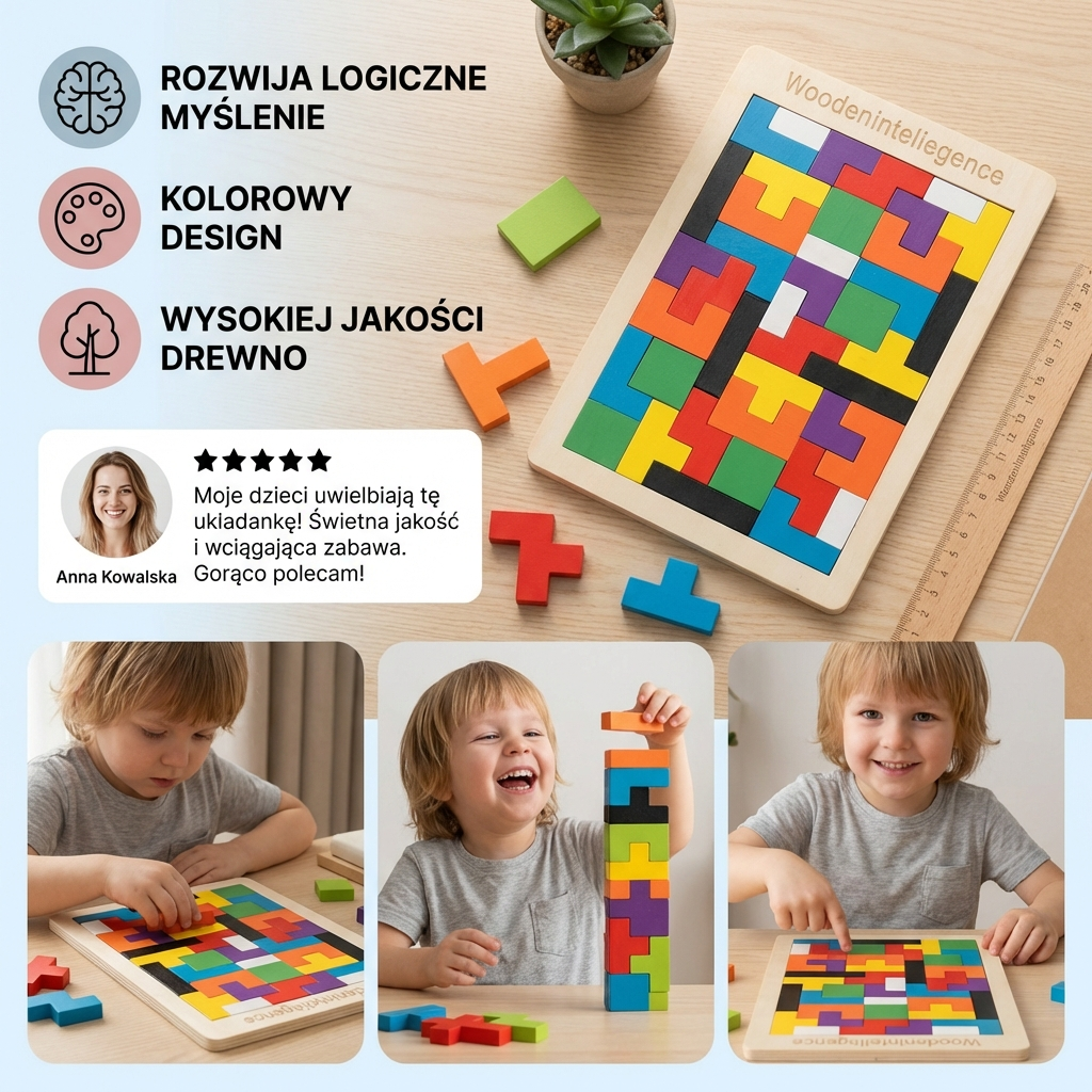 Drewniany Tangram edukacyjny – Kolorowa gra Montessori dla dzieci
