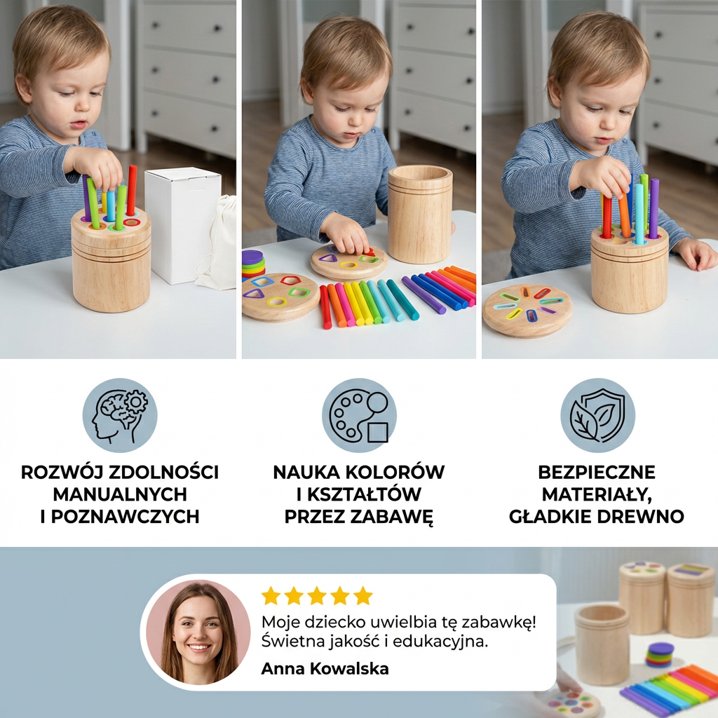 Montessori drewniany sorter kolorów i kształtów – zabawka wspierająca motorykę małą i rozwój sensoryczny
