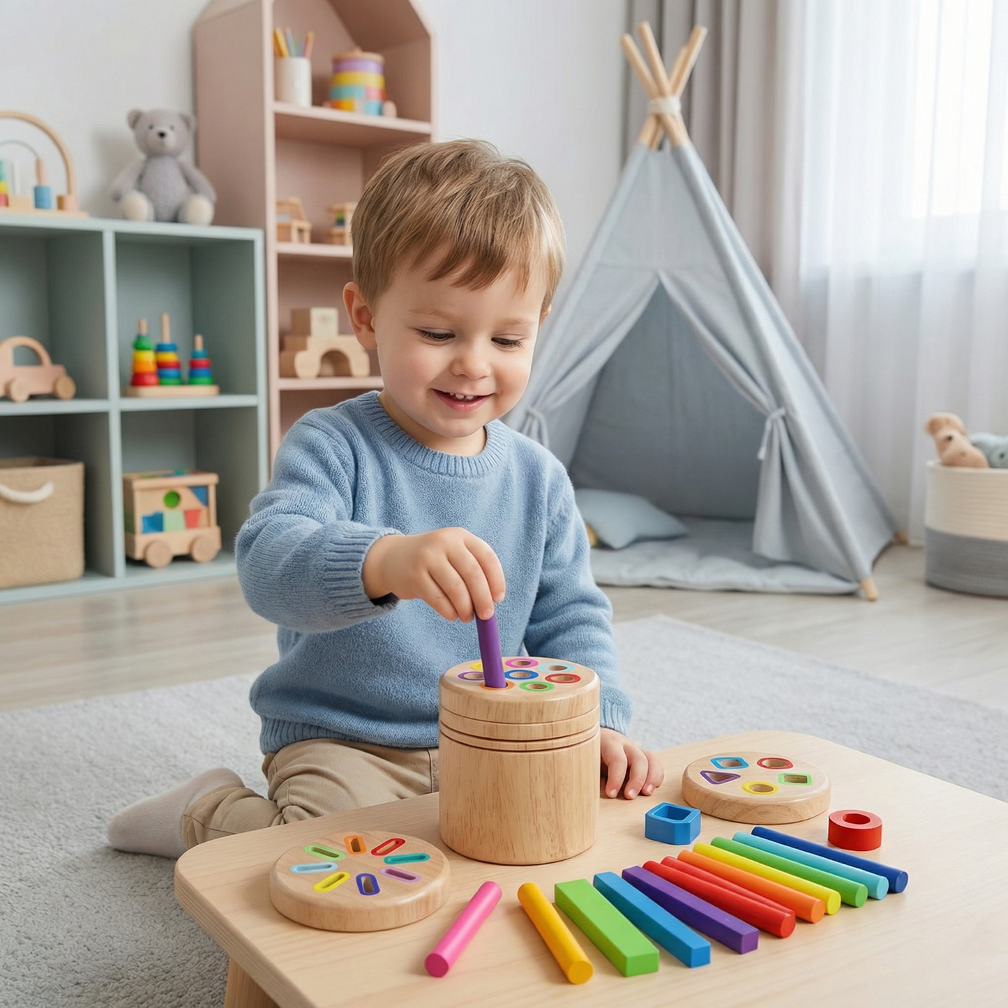 Montessori drewniany sorter kolorów i kształtów – zabawka wspierająca motorykę małą i rozwój sensoryczny