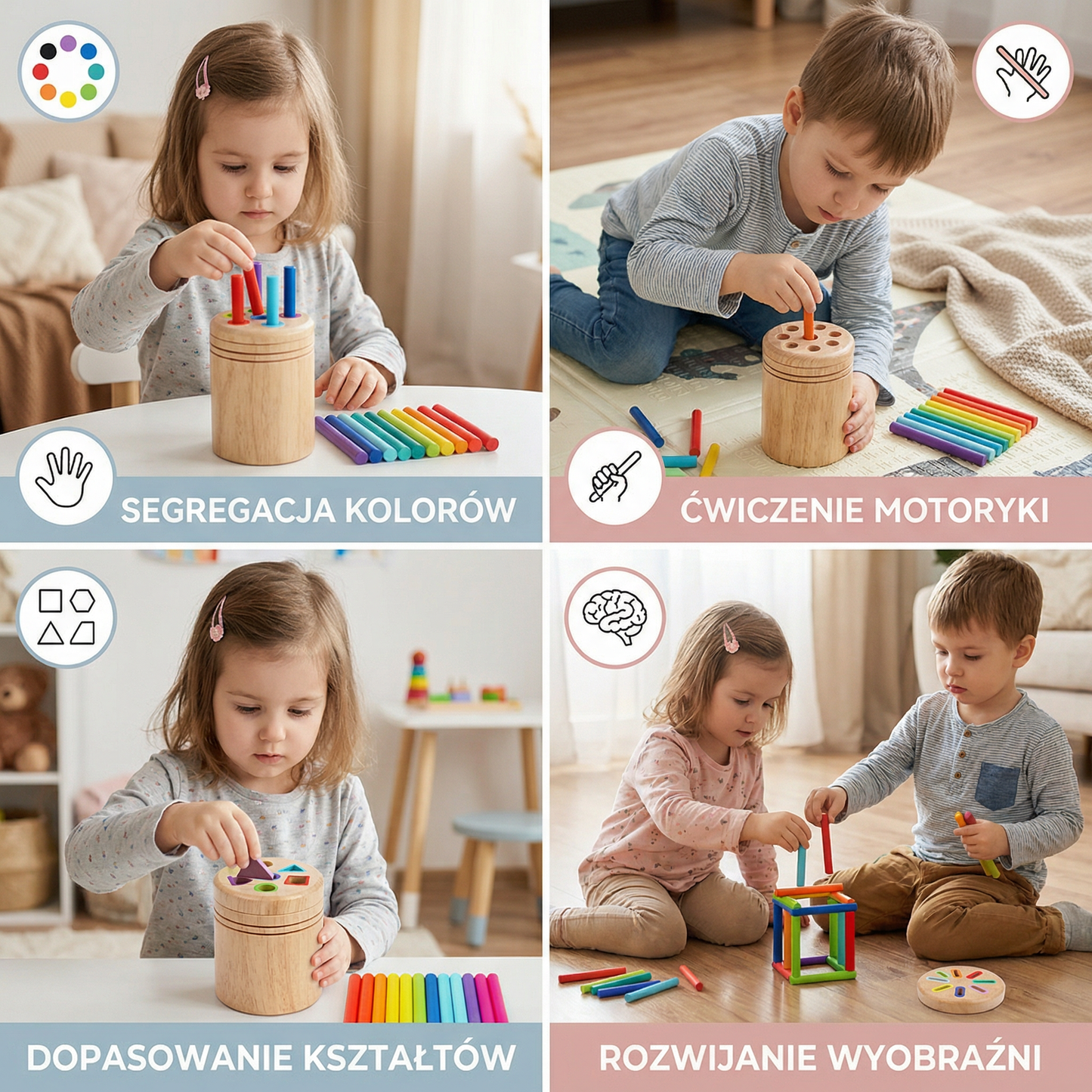 Montessori drewniany sorter kolorów i kształtów – zabawka wspierająca motorykę małą i rozwój sensoryczny