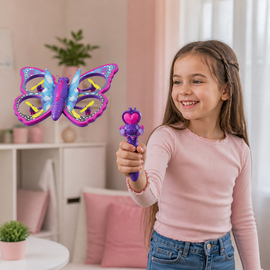 Magiczny świecący motyl-quadcopter sterowany różdżką
