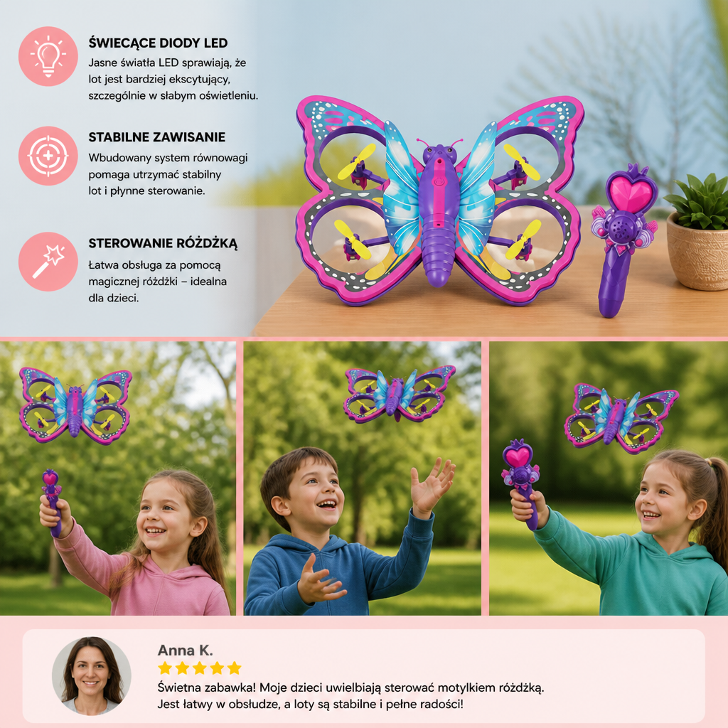 Magiczny świecący motyl-quadcopter sterowany różdżką