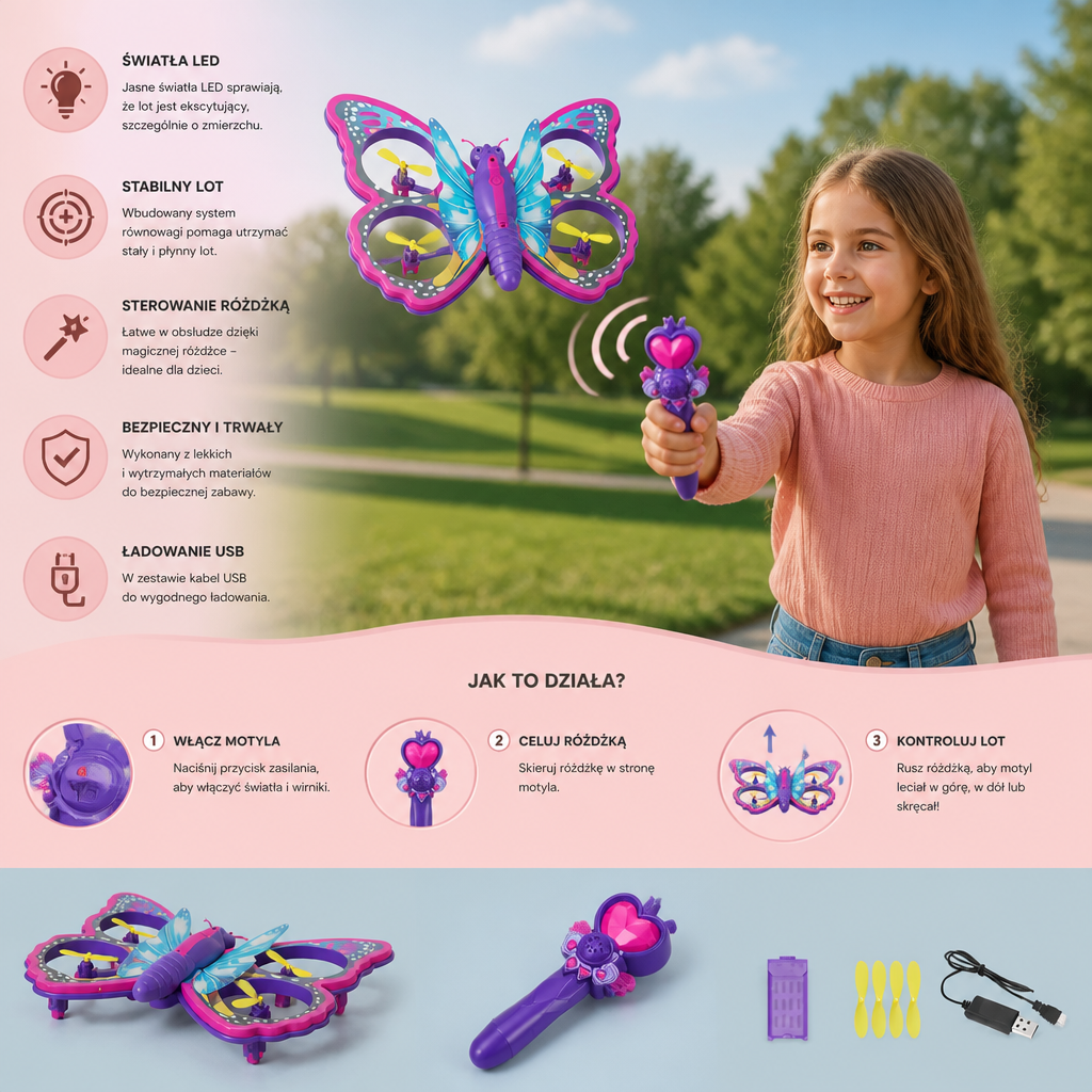 Magiczny świecący motyl-quadcopter sterowany różdżką