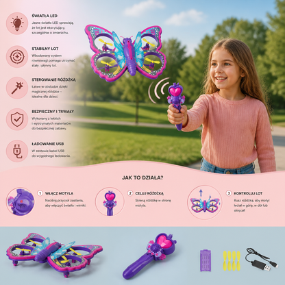 Magiczny świecący motyl-quadcopter sterowany różdżką