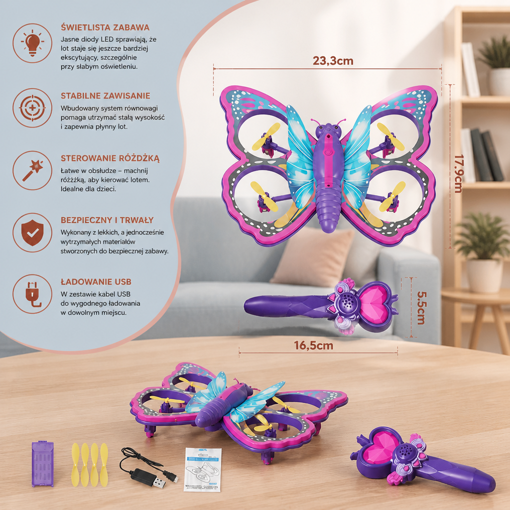 Magiczny świecący motyl-quadcopter sterowany różdżką
