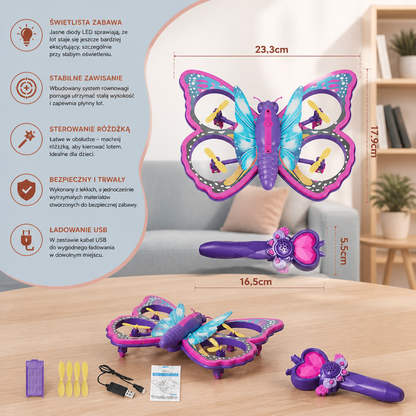 Magiczny świecący motyl-quadcopter sterowany różdżką