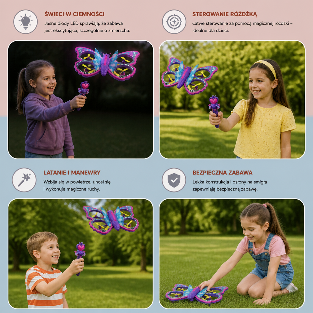 Magiczny świecący motyl-quadcopter sterowany różdżką