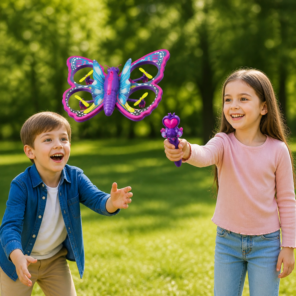 Magiczny świecący motyl-quadcopter sterowany różdżką
