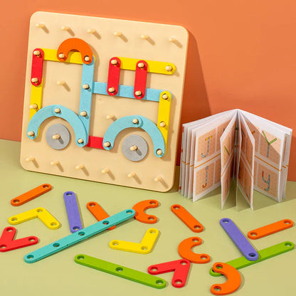 Puzzle Montessori z kołkami dla dzieci ⎜ Kreatywna zabawka do dopasowywania kształtów z literami i cyframi do nauki wczesnej.