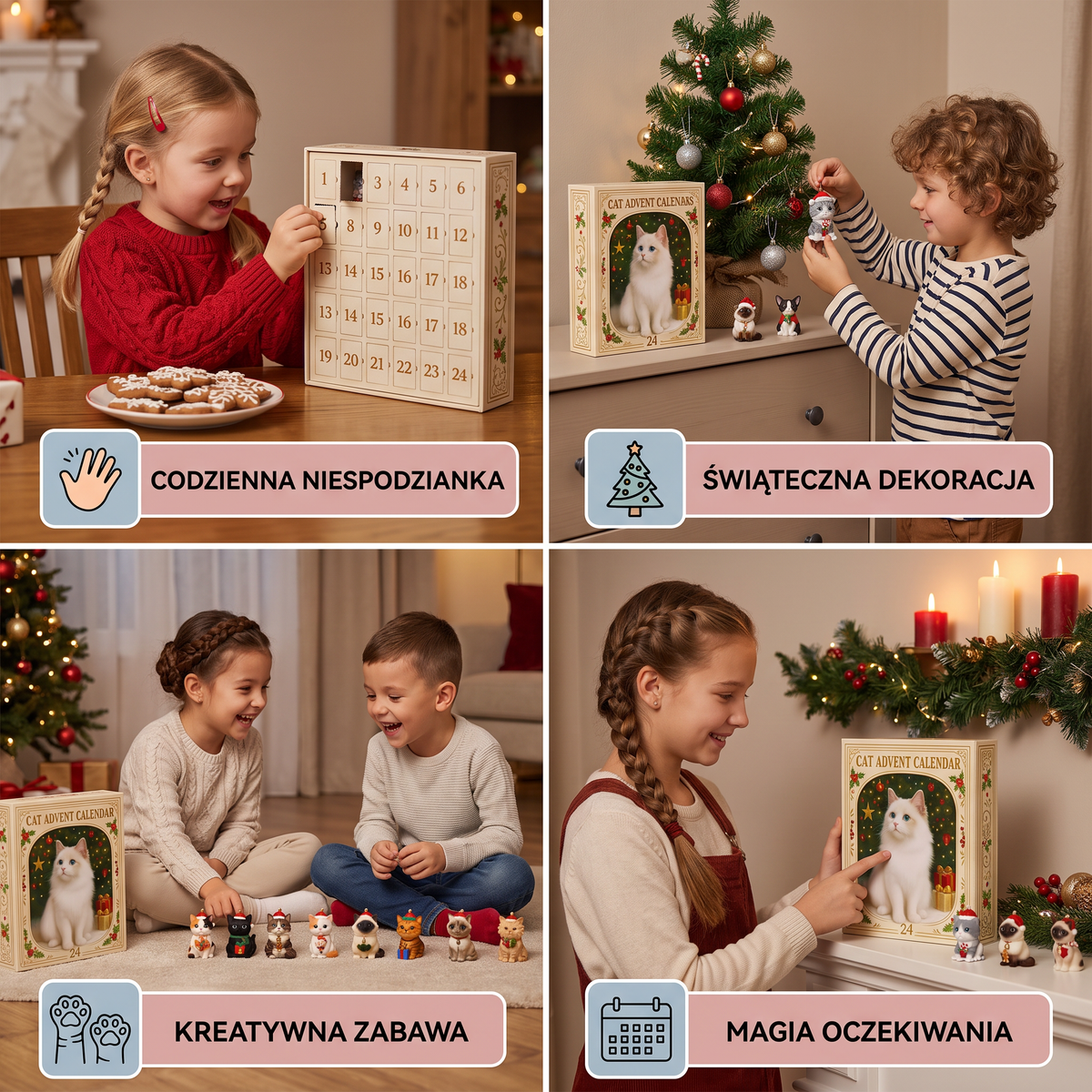 Świąteczny kalendarz adwentowy z kotami na 24 dni