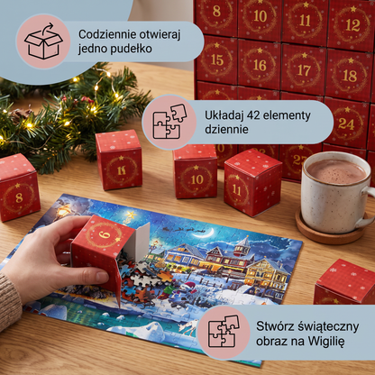 Świąteczny Kalendarz Adwentowy z Puzzlami – zestaw 1008 Elementów na 24 Dni Odliczania