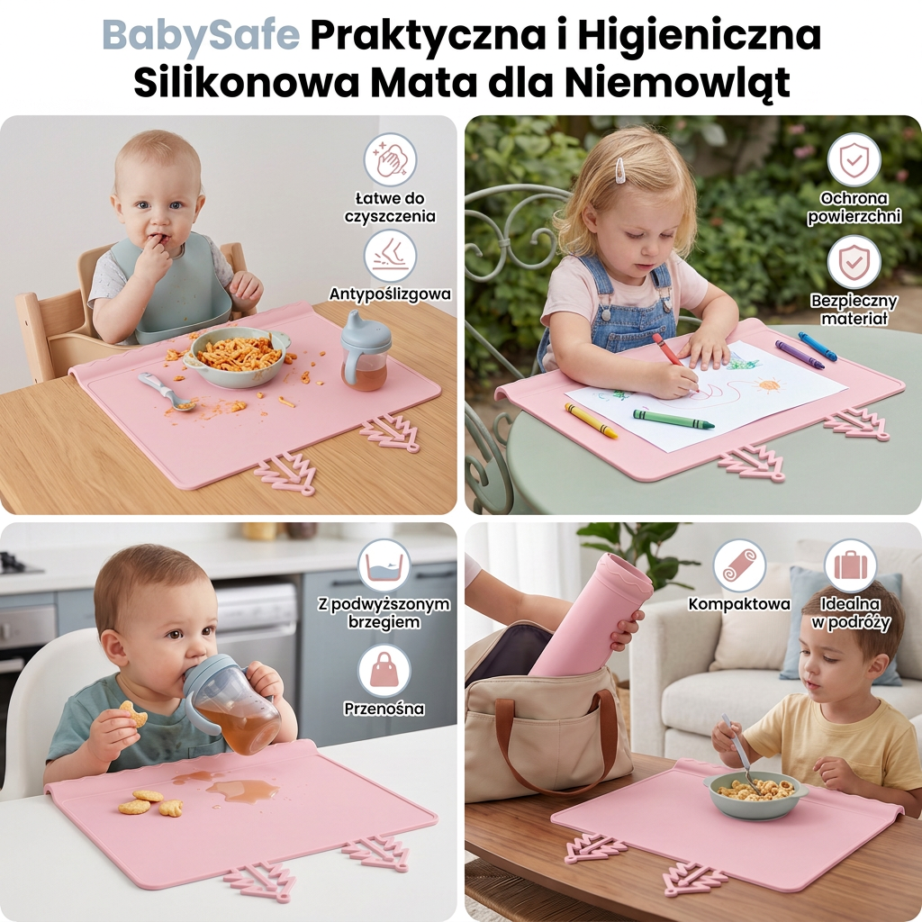 BabySafe Praktyczna i Higieniczna Silikonowa Mata dla Niemowląt z Podwyższonym Brzegiem
