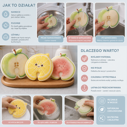 Owocowe Gąbki Celulozowe Pęczniejące po Namoczeniu – Zestaw 3 Roślinnych, NieRysujących Gąbek Kuchennych