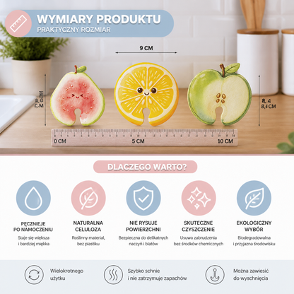 Owocowe Gąbki Celulozowe Pęczniejące po Namoczeniu – Zestaw 3 Roślinnych, NieRysujących Gąbek Kuchennych