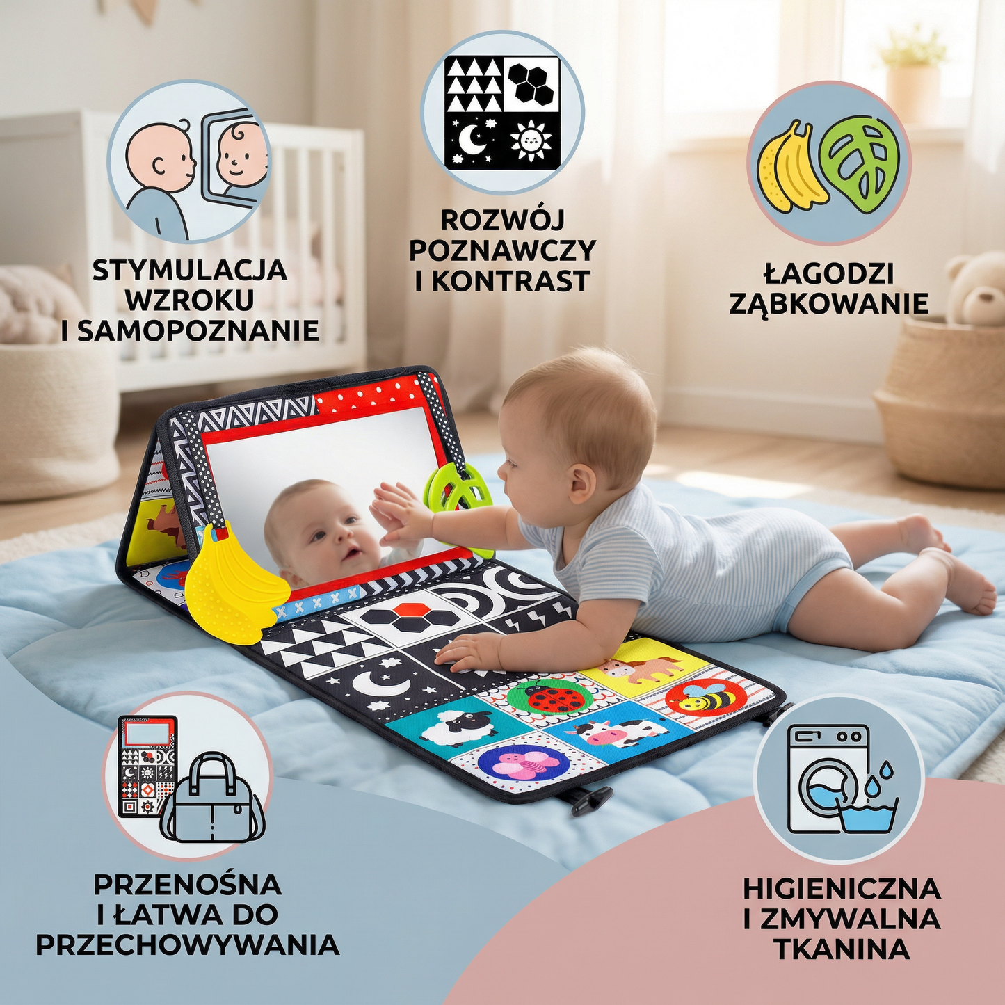 Interaktywna Książeczka z Lustrem dla Niemowląt – Składana i Zmywalna Miękka Zabawka z Tkaniny