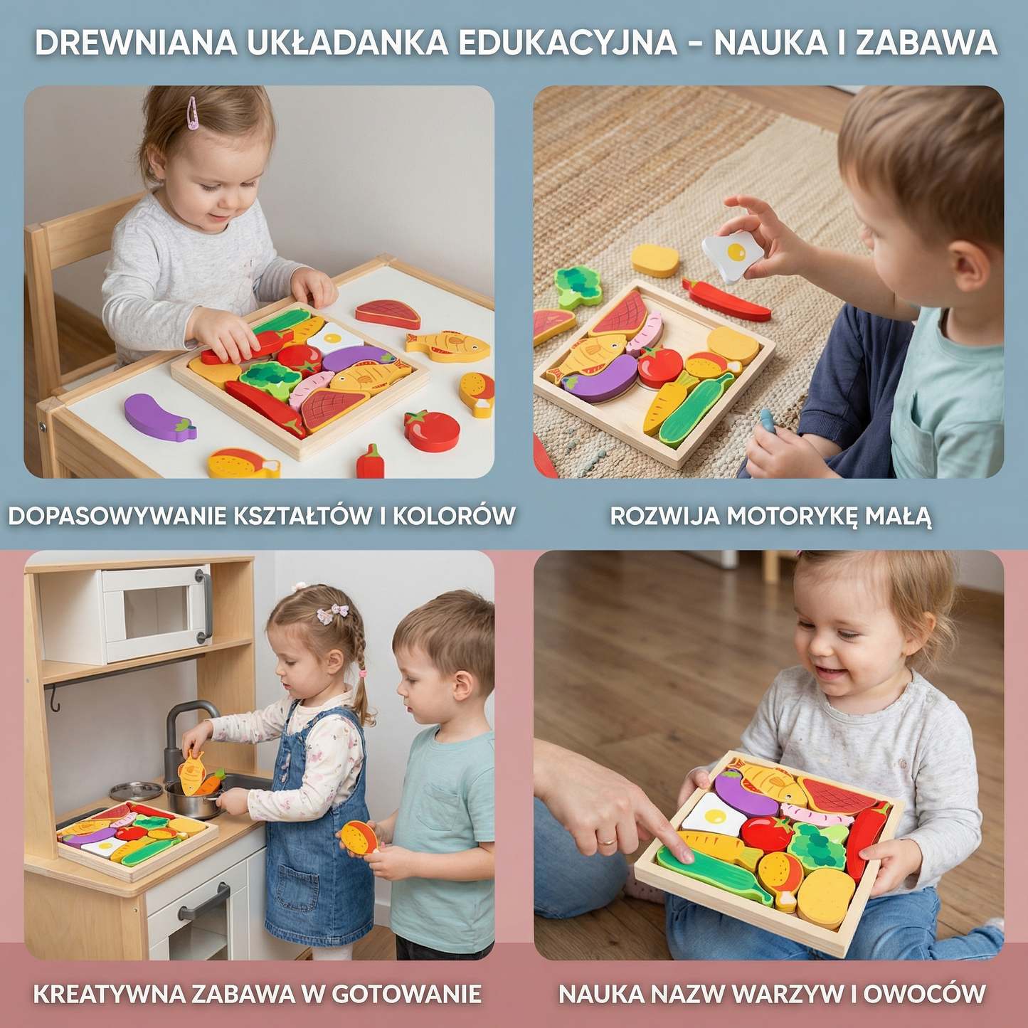 Drewniana Układanka Edukacyjna dla Dzieci – Dopasowywanie Kształtów i Kolorów, Zabawka Rozwijająca Motorykę Małą