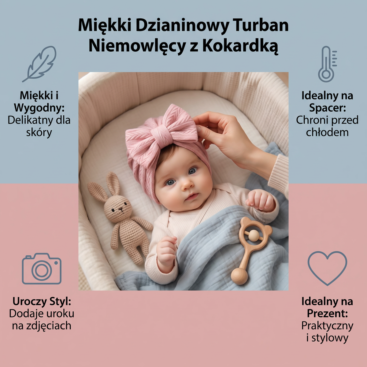 Miękki dzianinowy turban niemowlęcy z kokardką
