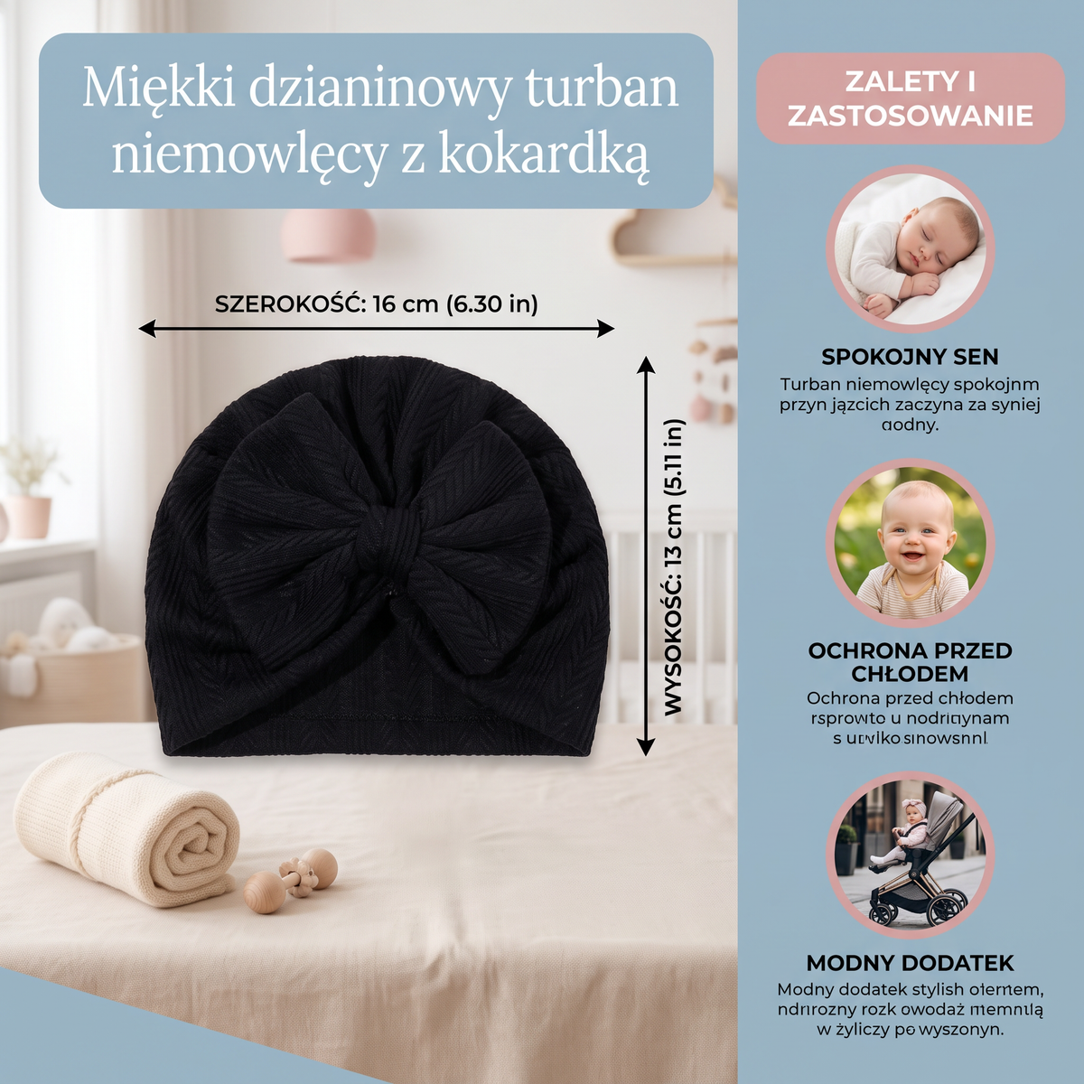 Miękki dzianinowy turban niemowlęcy z kokardką