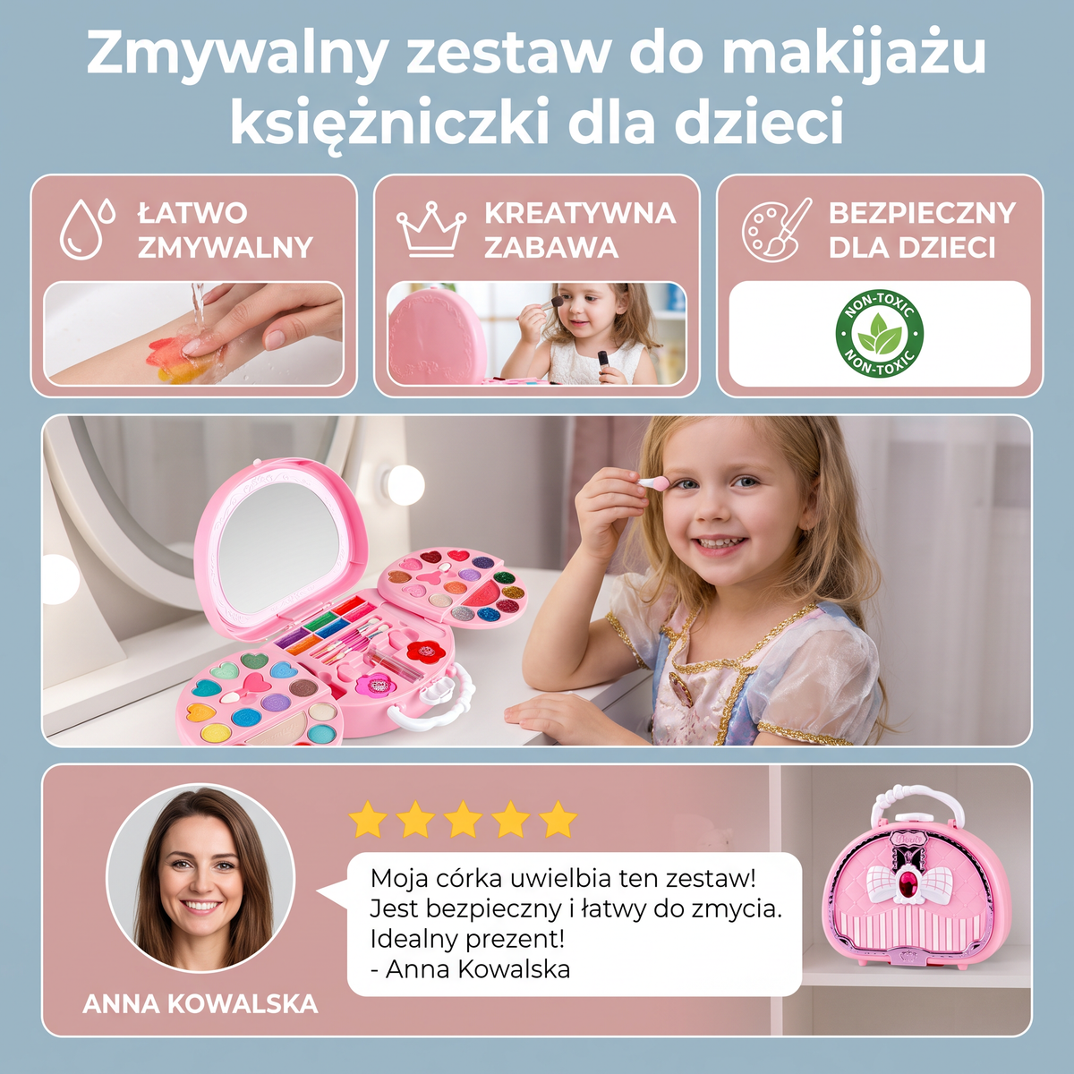 Zmywalny zestaw do makijażu księżniczki dla dzieci z lakierami do paznokci i pudełkiem do przechowywania