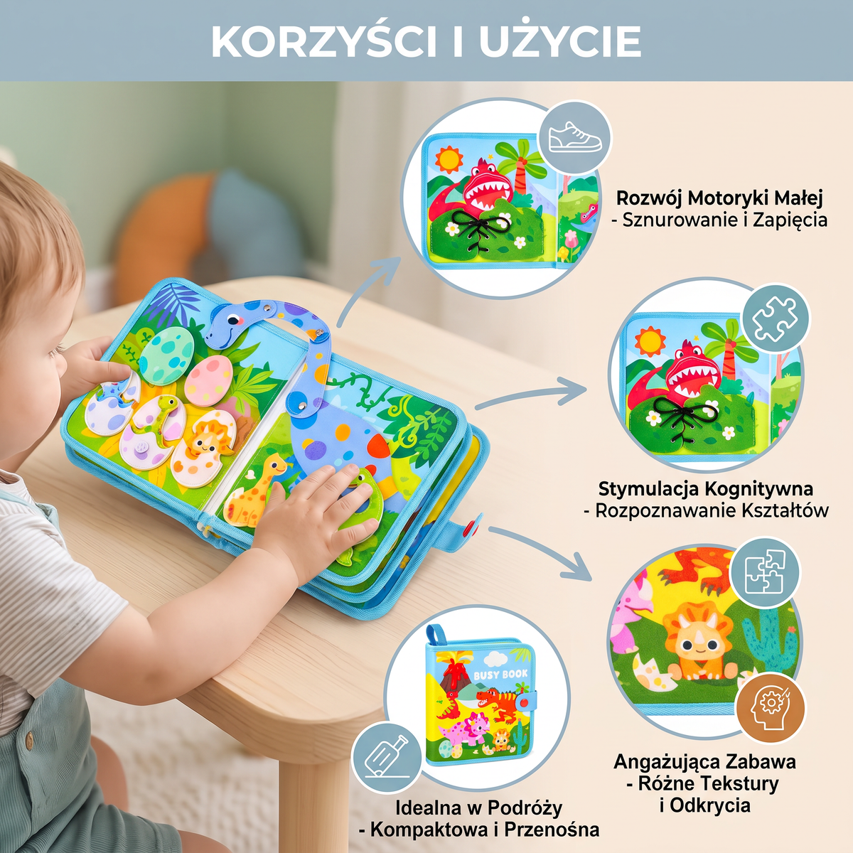 8-w-1 Montessori Książeczka Aktywnościowa z Dinozaurami dla Maluchów
