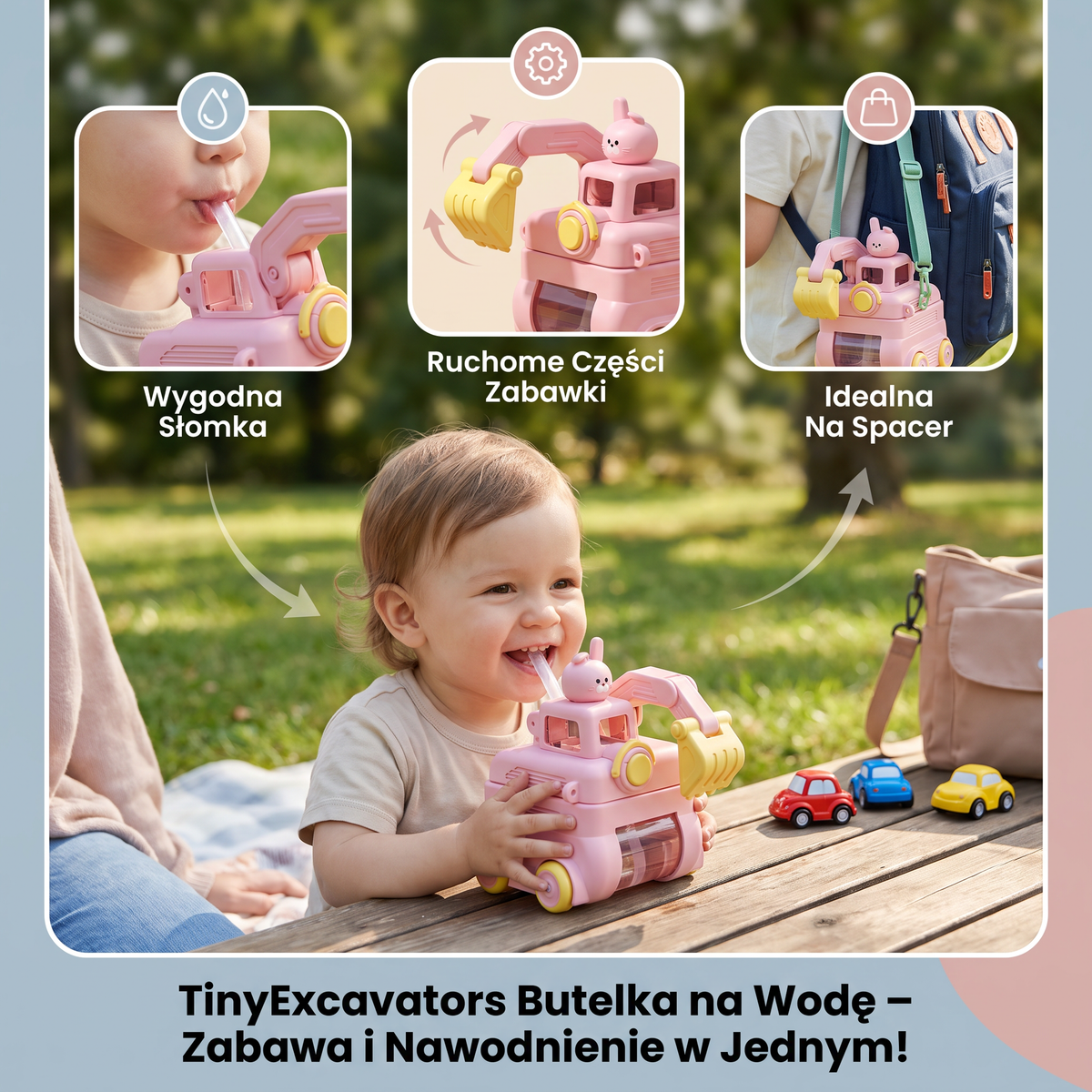Butelka na wodę TinyExcavators w kształcie koparki ze słomką dla dzieci