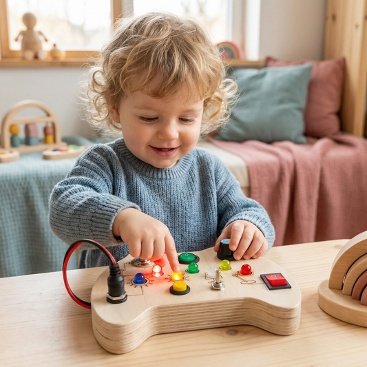 Drewniana Tablica Sensoryczna LED z Przełącznikami – Montessori Zabawka Edukacyjna Wspierająca Rozwój Motoryki