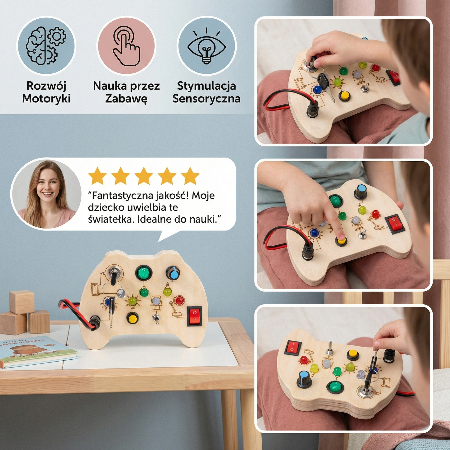Drewniana Tablica Sensoryczna LED z Przełącznikami – Montessori Zabawka Edukacyjna Wspierająca Rozwój Motoryki