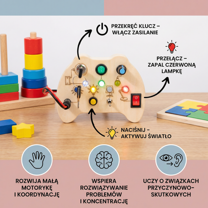 Drewniana Tablica Sensoryczna LED z Przełącznikami – Montessori Zabawka Edukacyjna Wspierająca Rozwój Motoryki