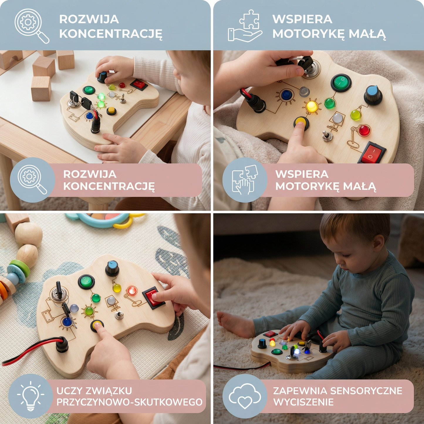 Drewniana Tablica Sensoryczna LED z Przełącznikami – Montessori Zabawka Edukacyjna Wspierająca Rozwój Motoryki